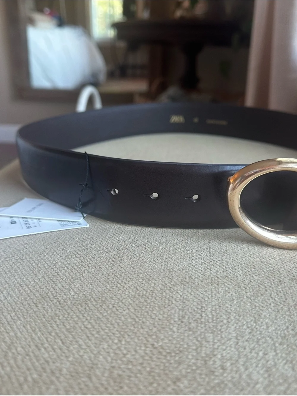 Zara NWT Brown 100% Leather Belt with Gold Curved Buckle